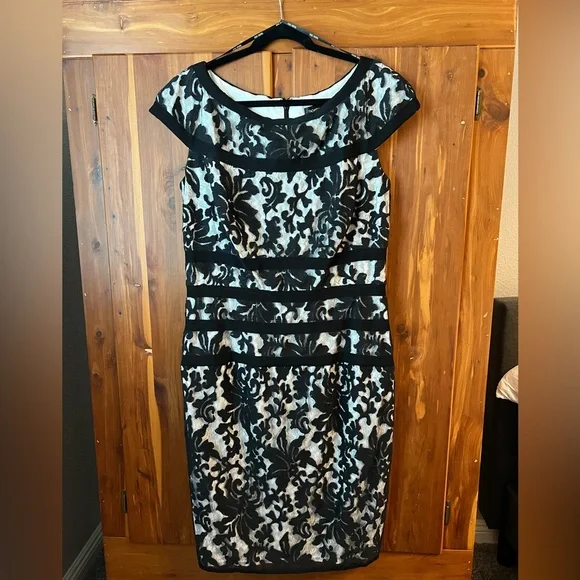 Tadashi Shoji banded embroidered black lace overlay white cocktail dress